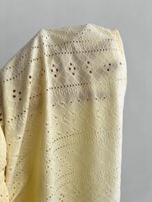 Elamini 优雅甜美的法式露背浪漫蕾丝收腰V领喇叭袖休闲通勤百搭女式衬衫 - 黃色 - 查看 6