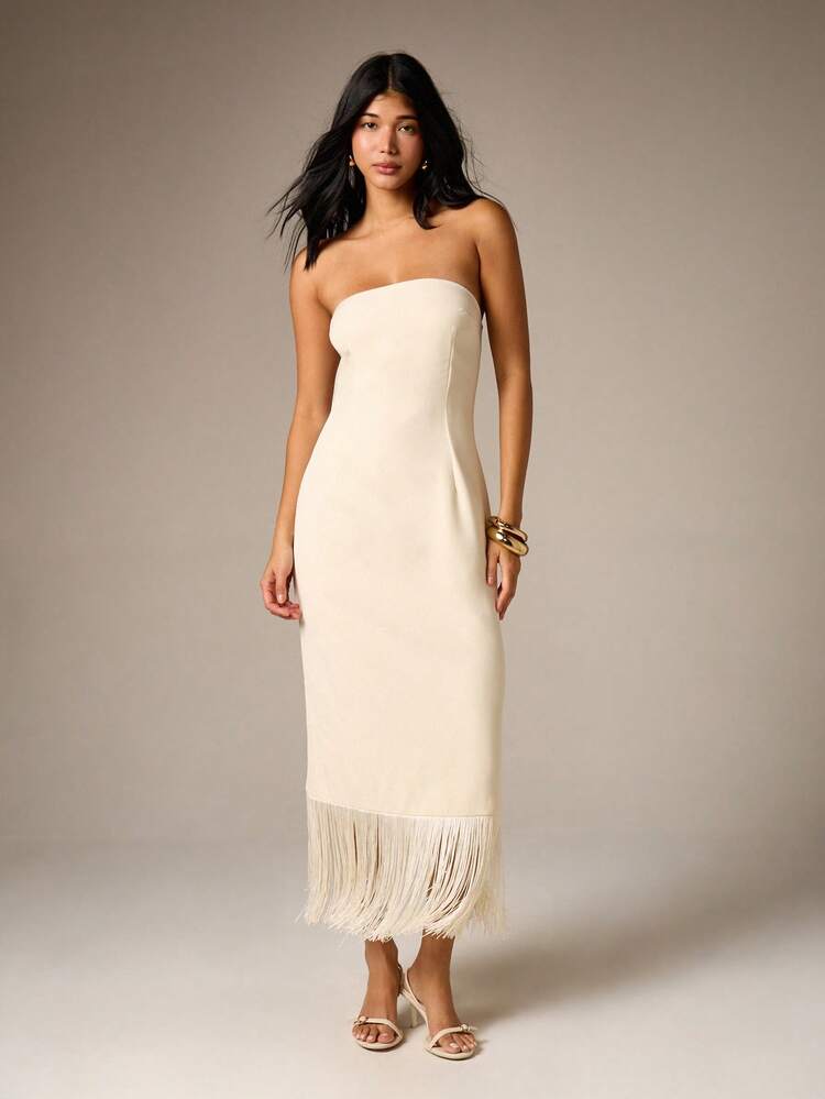 AiiRZ Strapless Fringe Hem Midi Bodycon Dress With Gold Ring Detail For Evening Party Occasions