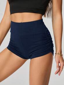 SHEIN Tall Ladies' Solid Color Ruched Biker Shorts, Summer Biking,Yoga Sports - Navy Blue - View 9