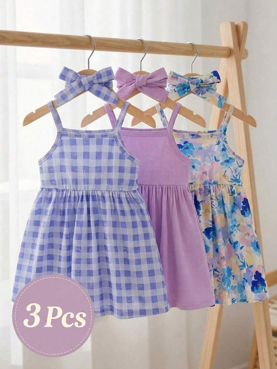 SHEIN 3 Stück/Set Baby Mädchen süßes Blumen- und Schmetterlingsmuster bequemes einfaches Kleid - Violett - Übersicht 1