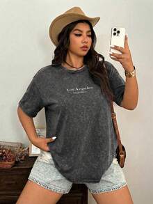 SHEIN EZwear Black Vintage Distressed Cotton Embroidered Loose T-Shirt, Plus Size - Black - View 5