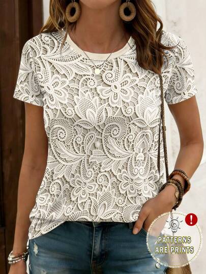 EMERY ROSE Camiseta casual de manga corta con cuello redondo y estampado floral perforado, talla grande, para primavera y verano