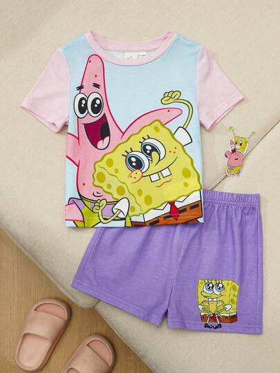 SpongeBob SquarePants | SHEIN Baby Girl Colorblock Cartoon Print T-Shirt And Shorts Pajama Set