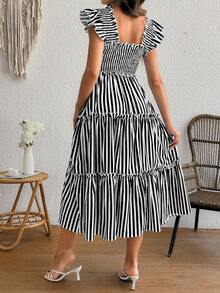 SHEIN Black And White Striped Summer Casual Maternity Photoshoot Dress,Shirred Flutter Sleeve Zebra Vacation Dress,Chic Resort Wear,Business Casual Dress - Black - View 2