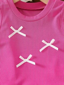 Elladie kids 两件套少女优雅圆领3D蝴蝶结装饰下摆刺绣吊带背心+刺绣下摆喇叭牛仔裤休闲时尚套装，适合夏季度假 - 玫紅色 - 查看 7