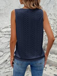 EMERY ROSE Women's Summer Solid Color Laser Cut Embroidery Keyhole Neck Camisole - Navy Blue - View 3
