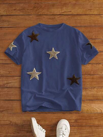 HIMLAND 男士休闲针织刺绣五角星插肩短袖T恤，适合日常穿着