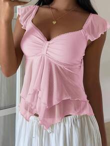 SHEIN EZwear 女士夏季胸部褶皱网纱荷叶袖T恤 - 淺粉色 - 查看 6