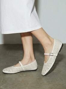 女士芭蕾舞鞋，透气镂空圆头玛丽珍鞋，白色 - 白色 - 查看 5