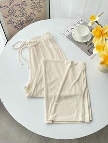 GlowEve High-Quality Silky Loose Wide-Leg Culottes, Casual Versatile Ribbed Straight Leg Pants For Women - Apricot - View 8