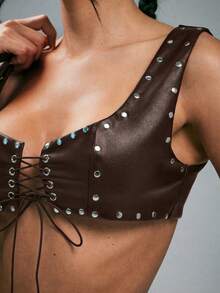 Denimoi Studded Lace Up Front Cropped Faux Leather Bralette Top Sexy Tops Concert Outfits Clubwear - Coffee Brown - View 2