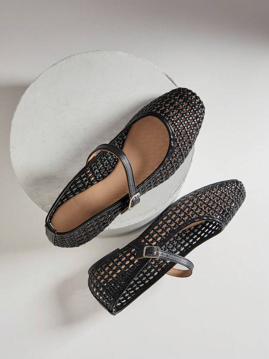 SHUZIA Women's Casual  Woven PU Square Toe  Comfortable Mary Jane Ballet Flat - Black - View 1