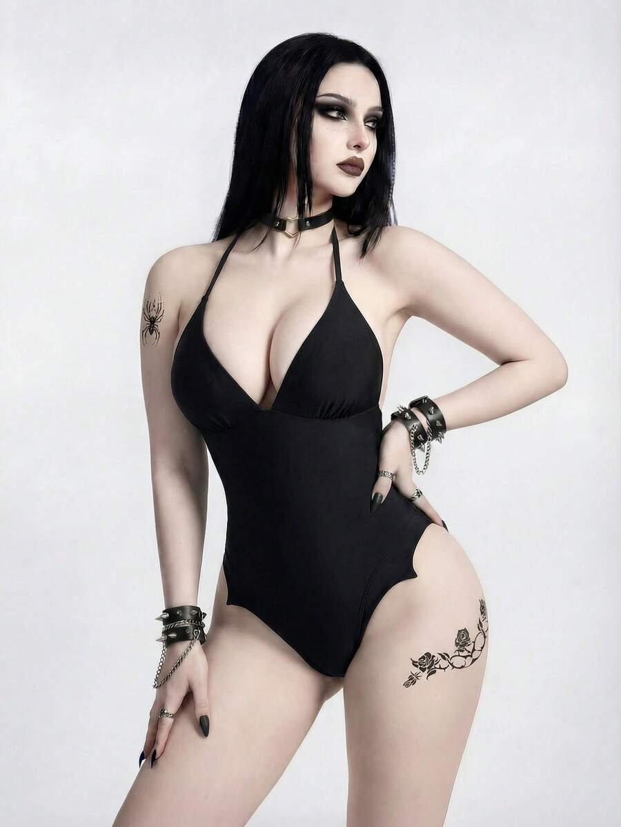 ROMWE Gothic Sexy Versatile Dark Aesthetic Mysterious Chic All-Match Black Halter Backless High Slit Bat Wing Design One-Piece Swimsuit, Slimming Fitted Silhouette, Suitable For Festivals, Parties, Holidays, Spring Break - Black - View 1