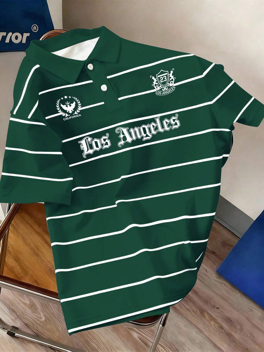Claim Dot Camisa polo casual de estilo universitario estampada para hombres - Verde Oscuro - Ver 1