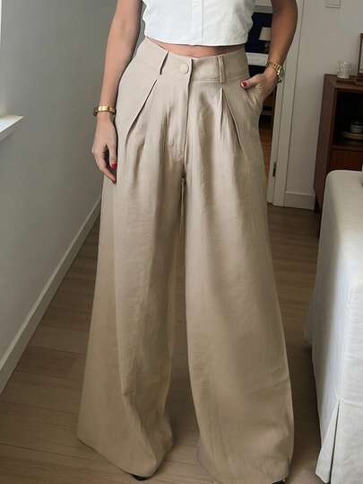 EMERY ROSE Women's Solid Color High Waist Pleated Wide Leg Loose Casual Pants