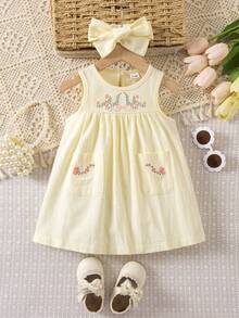 SHEIN Vintaside Kids Baby Girl Sleeveless Casual Floral Embroidered Dress, Summer - Yellow - View 3