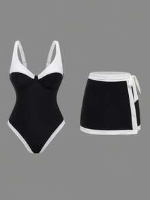 Swim Oasis Women's Black & White Contrast Color Underwire Adjustable Strap Tankini Two Pieces Swimsuit - Black and White - View 3