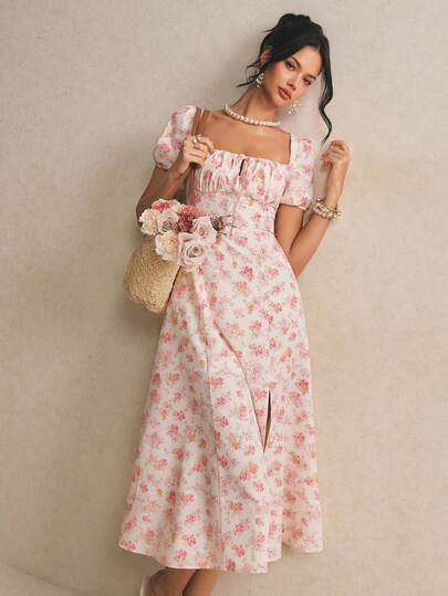 Poéselle Vestido midi con estampado floral, manga corta con pétalos, con lazo delantero, vestido rosa, vestido floral, vestido para invitada de boda, vestido de vacaciones, vestido elegante para mujer, vestido campestre, perfecto para boda, citas y uso diario, atuendos primaverales para mujer, vestidos para picnic, vestidos con estampado floral, atuendos para brunch, vestidos con estampado floral, vestidos de mujer para el verano, vestidos de primavera para mujer, vestido elegante para té y fiesta