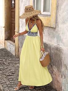 Brillora Women's Vacation Casual Geometric Print Backless Dress,Summer Dresses For Women Spaghetti Strap Boho Long Yellow Embroidered Maxi - Light Yellow - View 7