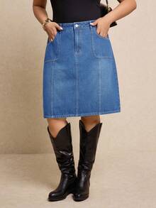 Elaquor Minifalda vaquera recta, versátil y casual con bolsillos para mujer de talla grande - Azul lavado medio - Ver 3