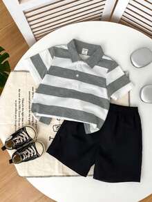 2pcs/Set Baby/Toddler Boy/Girl Black & White Striped Collar Short Sleeve Polo Shirt And Black Shorts Outfit, Comfortable Casual Chic Daily Wear, Suitable For Spring/Summer/Autumn/Winter, Indoor, Outdoor, Daily, Sports, Party, Photo Shoot, Festival, Streetwear, Christmas, New Year - Multicolor - View 3