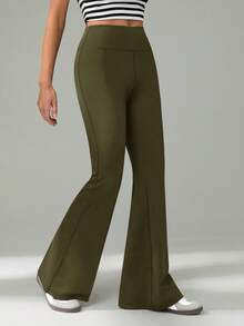 SHEIN Tall 女士纯色休闲高腰喇叭裤 - 軍綠色 - 查看 7