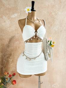 Soleia Plus Size Women's Spring/Summer Vacation Starfish Metal Decor Hollow Lace-Up Backless Mini Dress, Textured Fabric,Summer Outfits,Spring Clothing,Festival Outfits For Women ,Beach Outfit For Women,Holiday Outfits For Women , Birthday Outfits For Women Two Pieces - White - View 6