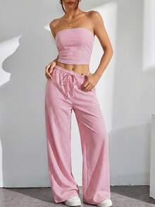 SHEIN PETITE 2pcs Women Striped Bandeau Top And Tie Waist Long Pants Set - Red - View 6