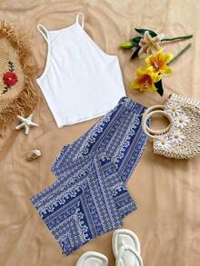 SHEIN PETITE CURVE Damen Große Größen 2-teiliges Set: Weißes Trägerhemd und blaue geometrisch gemusterte Weite Hose - Blau-Weiß - Übersicht 2