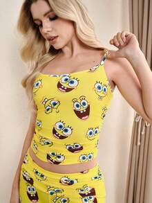 SpongeBob SquarePants | SHEIN 女士修身可爱卡通印花夏季休闲睡衣套装，X - 黃色 - 查看 4