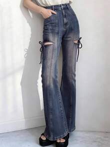 FRIFUL Women's Casual Washed Hollow Lace-Up Flare Leg Jeans - Blue - View 4