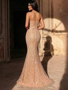 Glamrae Đầm dạ hội dáng đuôi cá sang trọng, đính cườm và sequin, xếp ly, thích hợp cho đám cưới, tiệc tùng, kỳ nghỉ, dạ hội và các dịp trang trọng (đính kết rất cầu kỳ). - Bụi hồng - Xem 3