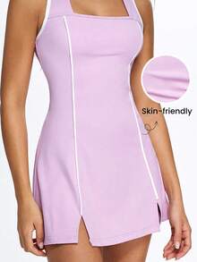 SHEIN Sovereign Charm Women's Lilac Purple Tennis Dress,Summer Casual Sleeveless Athletic Dress,White Contrast Piping,Square Neck,Crossover Back,Gym Workout Golf Dress - Purple - View 8