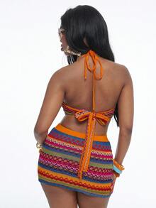 Coolane Women's Spring/Summer Chic Western Wear Boho Vacation Outfits Cable-Knit Striped Rainbow Tank Tops & Skirts - Orange - View 2