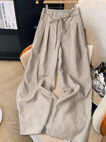 GlowEve Quần tây nữ dáng rộng, thắt eo, màu xanh dương và trắng, chất liệu vải, thích hợp cho mùa xuân/hè. - Màu be - Xem 1