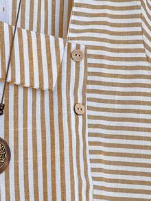 Linhara Plus Size Summer Casual Striped Asymmetric Collar Shirt - Khaki - View 4