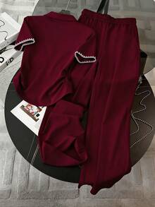 Resyla Shell Embroidery Design Women's Polo Collar T-Shirt + Pants 2-Piece Set, Fashionable Minimalist, Gift For Friends - Burgundy - View 2