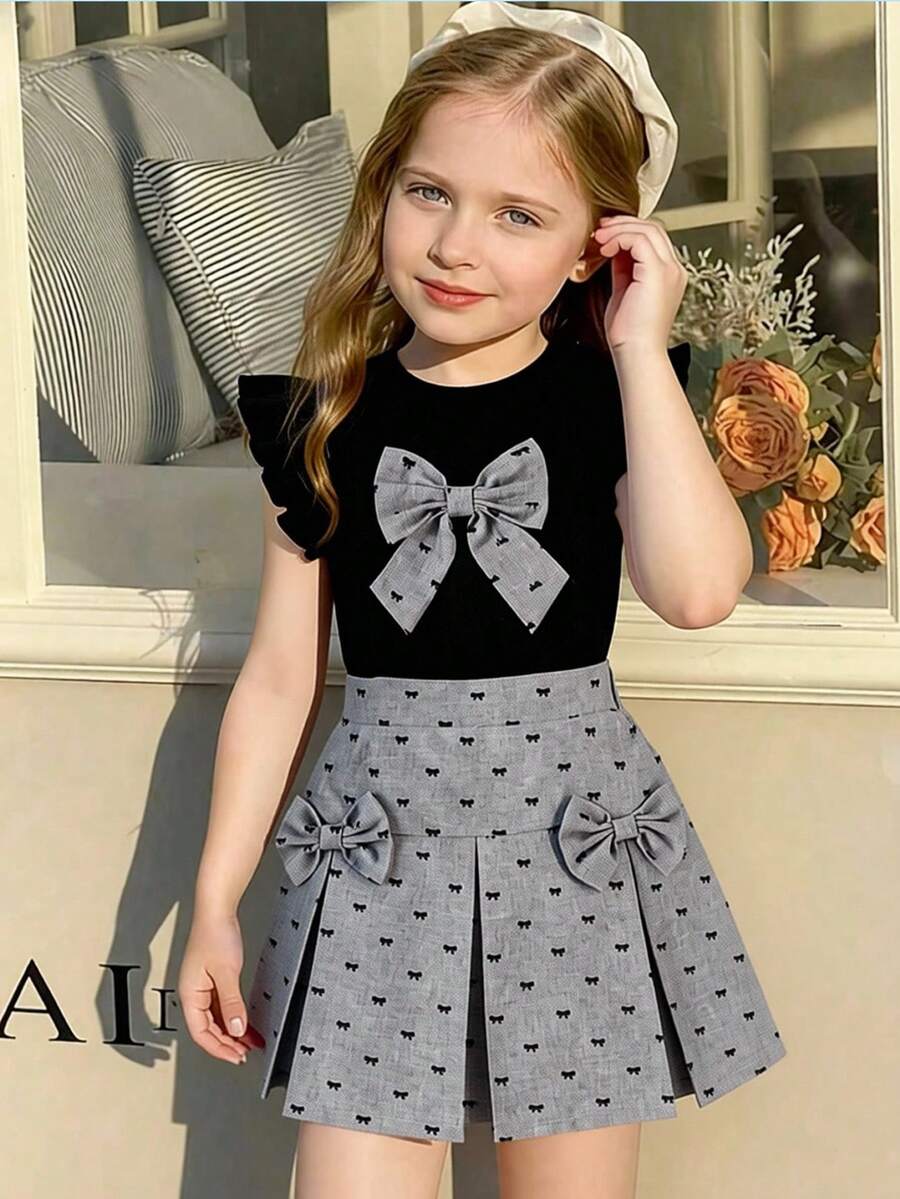 Elladie kids 2pcs/Set Toddler Girls' Black Jacquard Knit Round Neck Flare Sleeve T-Shirt With Gray Bow Decor And Gray Woven Elastic Waist Skirt, Suitable For Spring/Summer Daily, Outdoor, Travel, Party Dresses For Girls Kids Clothes Girl Girl Outfit Cute Girl Clothes Girl Clothes Girl Dress With Bow Cute Outfits For Girls 7 Years Old Girl Outfit Kids Clothes For Girl 7 Years Old Girl Outfit Dress Girls Skirts Girls Dresses Kids Dresses Casual Girl Bow Dress Squishy Summer Outfits - Black - View 1