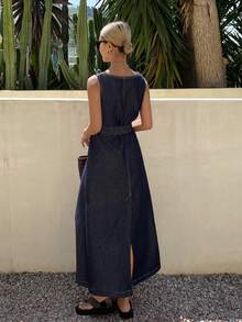DAZY Women's Casual Washed Waist Belt Square Neck Sleeveless Slit Denim Dress, Summer - Dark Wash - View 2