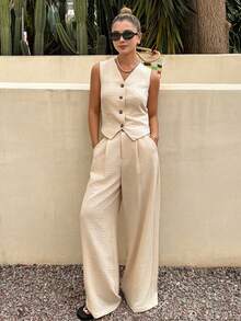 DAZY 春夏简约复古亚麻两件套女装，时尚宽松西装背心和阔腿裤 - 杏色 - 查看 5