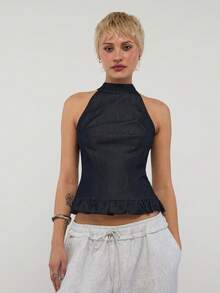 COUREZ 修身露背荷叶边下摆上衣/Y2K风格春季女装可爱上衣，适合外出派对、锐舞节等场合，夏季上衣，夏季穿搭，梭织上衣 - 藏蓝色 - 查看 1