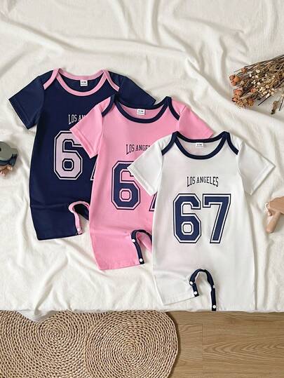 SHEIN 3pcs Baby Girls' Sweet Cherry Print Round Neck Short Sleeve Romper Set, Suitable For Home And Casual Daily Wear, Spring/Summer