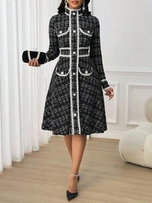 SHEIN Lady 女士休闲通勤长袖纽扣腰中长连衣裙 - 黑與白 - 查看 6