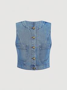 SHEIN MOD Conjunto de chaleco de mujer de metal de una hilera y falda de mezclilla - Lavado ligero - Ver 3