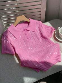 Comfortcana Fashionable Fuchsia Sequin Knit Sweater For Women - Hot Pink - View 3