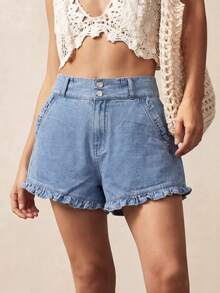 Travachic 女士荷叶边牛仔短裤 - 藍色 - 查看 5