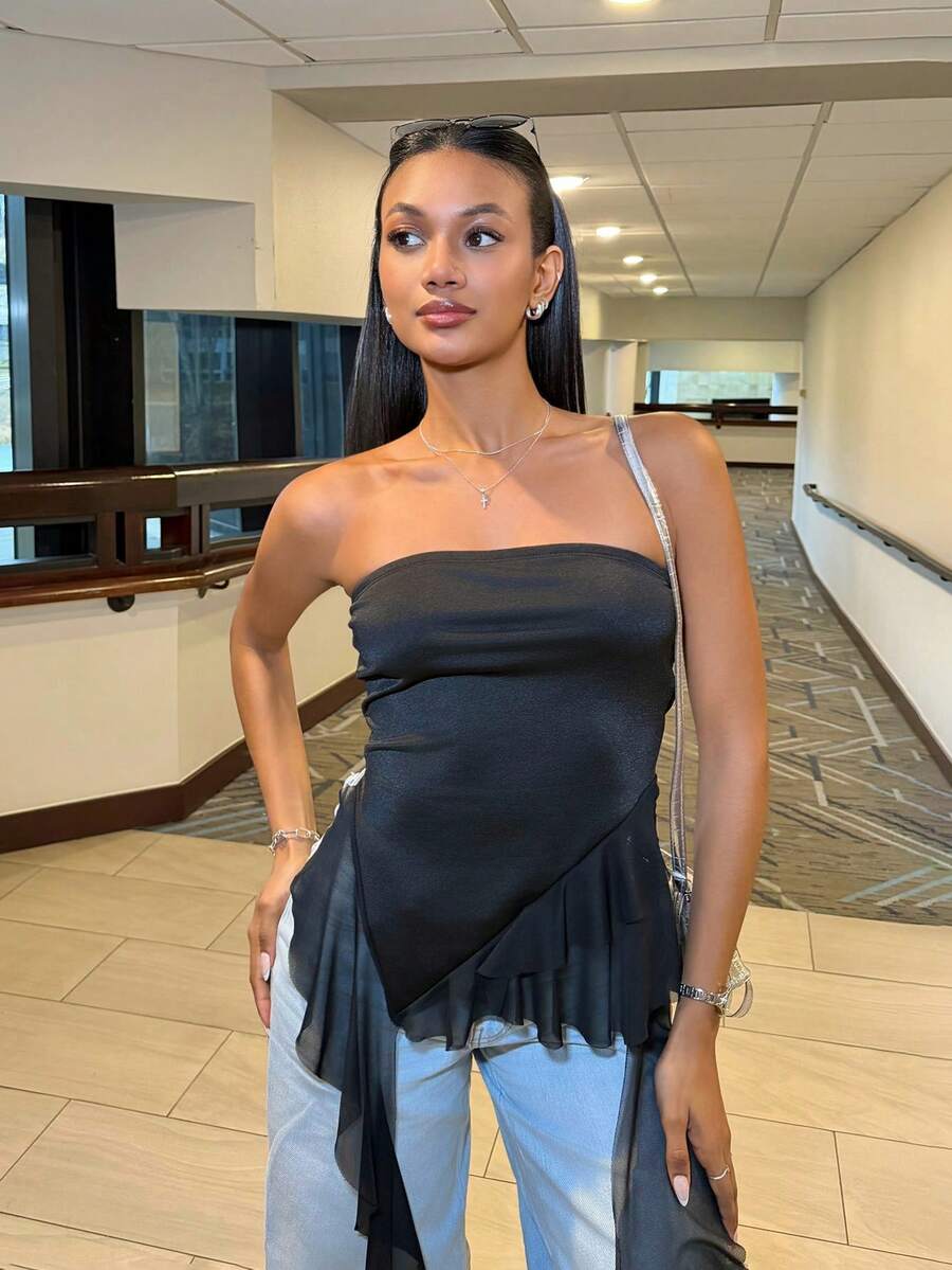 Váy ngắn xếp nếp ren thể thao Y2K họa tiết tương phản mùa hè/xuân cho nữ - màu đen - Xem 1