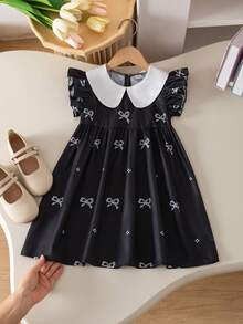SHEIN Elladie kids 女童优雅黑色蝴蝶结印花喇叭袖荷叶领高腰A字公主裙，适合旅行、度假、派对、生日礼物、夏季 - 黑色 - 查看 5