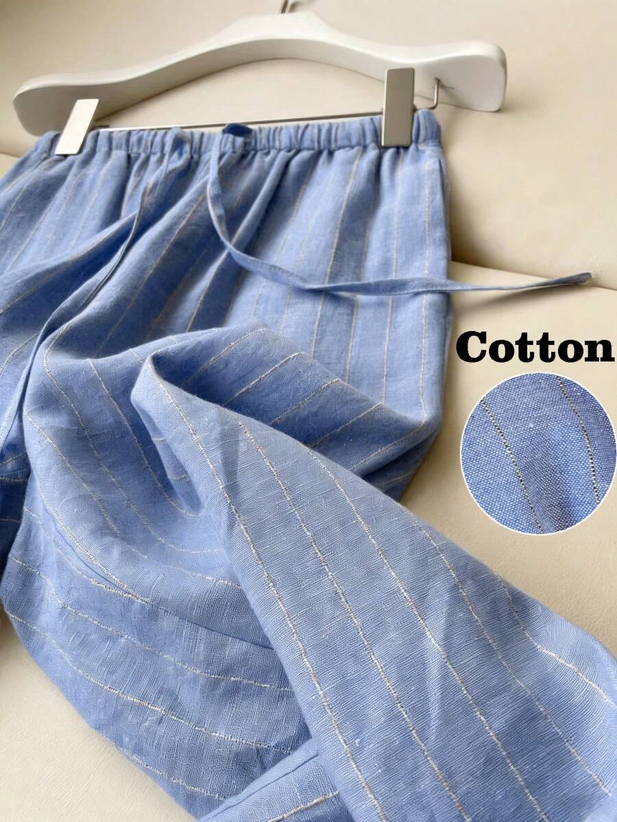 Linhara Plus Size Women Casual/Work Elegant Vacation Drawstring Straight Leg Pants With Cotton Striped Pattern, Spring/Summer - Blue - View 1