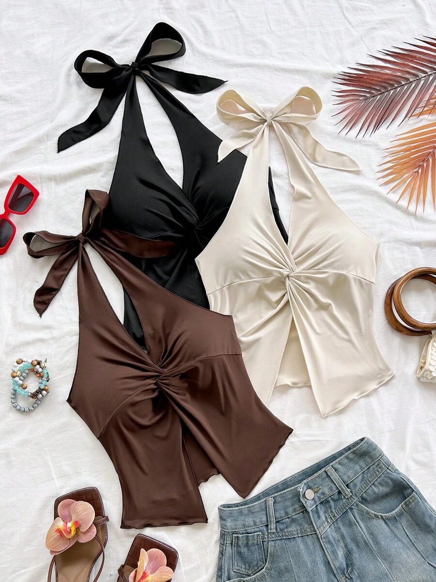 Soleia 3 Stücke V-Ausschnitt Knotenfront Twist asymmetrischer Saum figurbetontes Top, Gelb, Beige, Hellblau, geeignet für Urlaub, Date, Nachmittagstee, Reise, Musikfestival, Boho, Sommer, Strand - Verschiedenfarbig - Übersicht 1